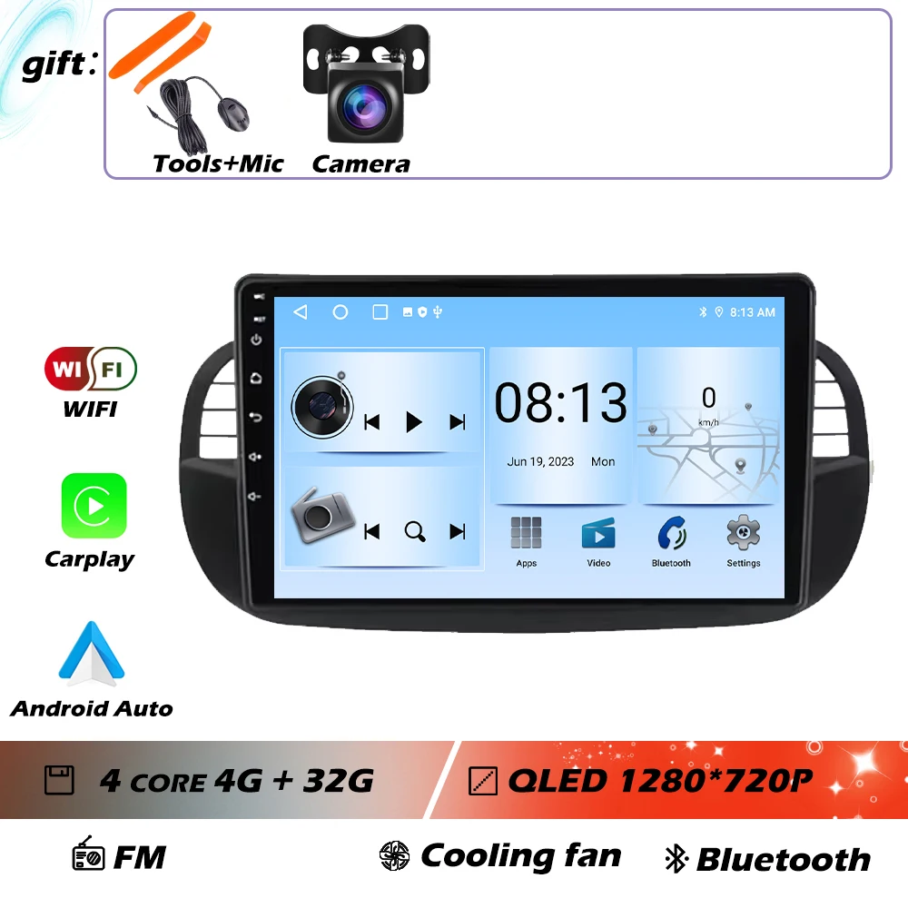 9 ''Android 16 Autoradio Stereo voor Fiat 500 2007-2015 met GPS Navigatie Stuurbediening Multimedia Carplay auto WIFI