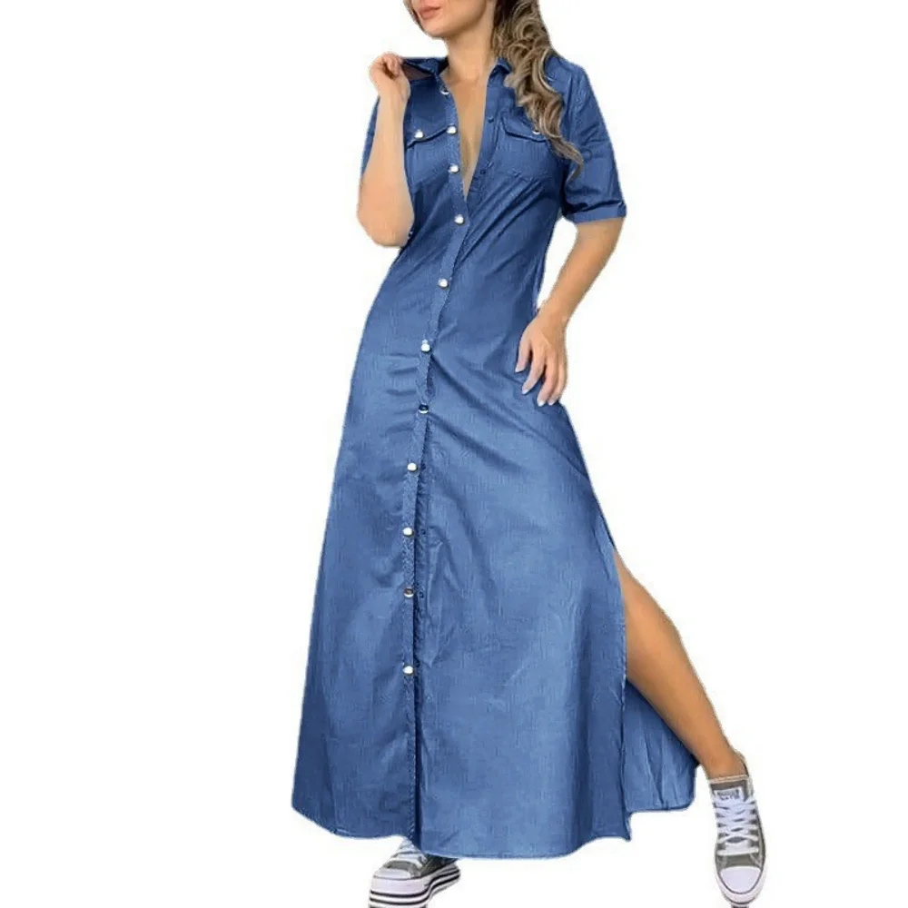 Nieuwe Dames Zomer Oversized Revers Knoop Denim Jurk Effen Kleur Oversized Losse Split Jurk Mode Casual Zak Lange Jurk