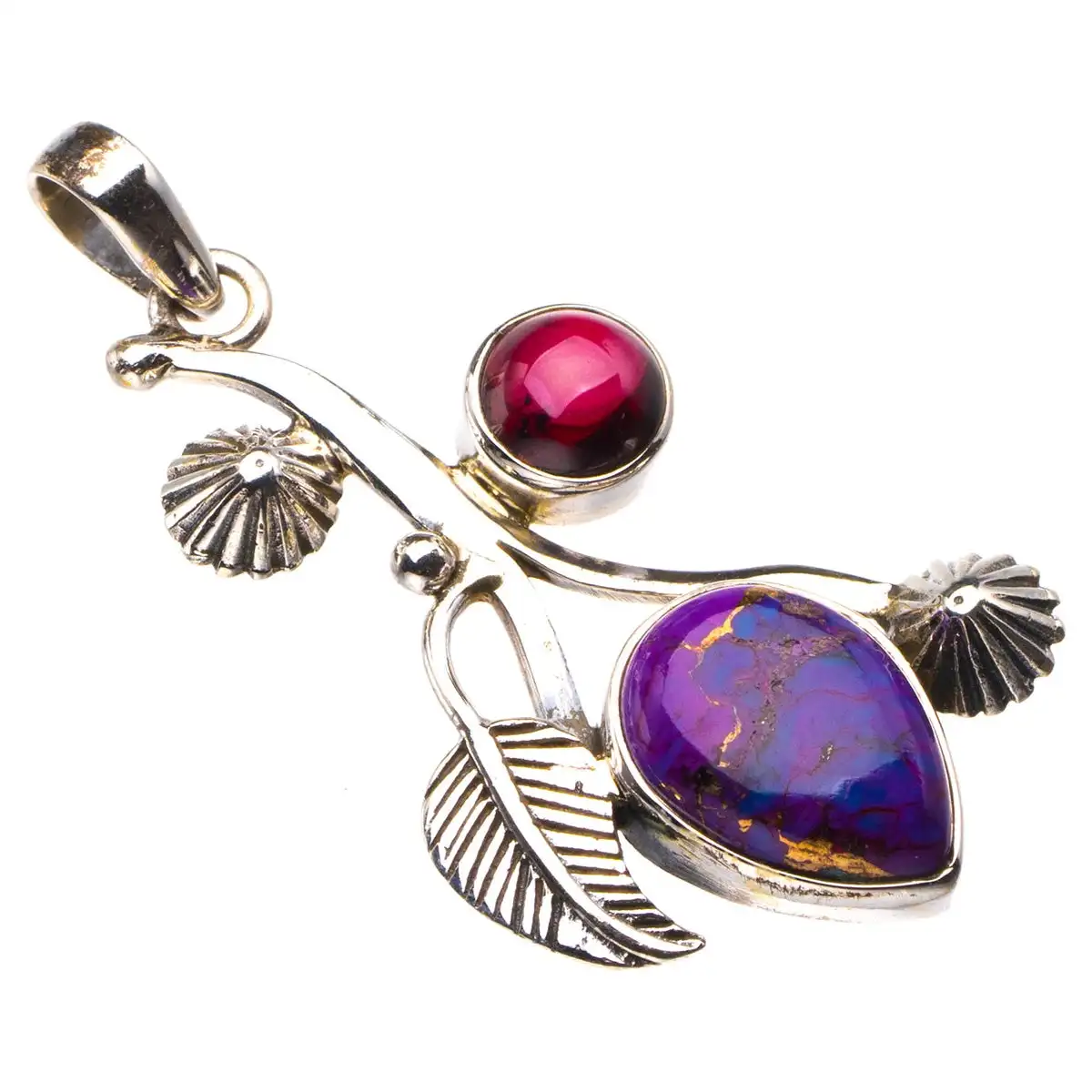 

Copper Turquoise And Amethyst Leaf Handmade 925 Sterling Silver Pendant 1.75" D2594