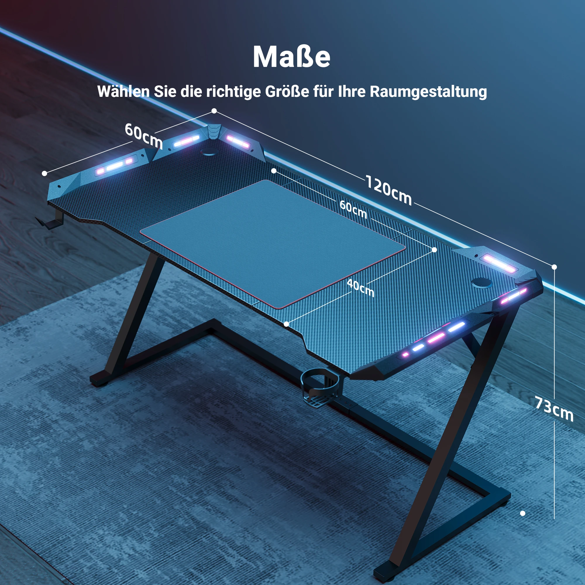 Claiks Gaming-bureau met LED-verlichting, Z-frame gamingtafel met bekerhouder