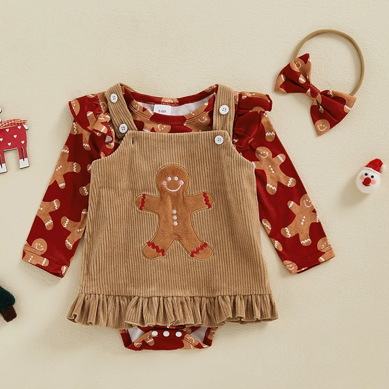 Lioraitiin Baby Girl Christmas Outfits Deer/Gingerbread Man Print Romper Corduroy Overalls Dress Headband 3Pcs Clothes Set