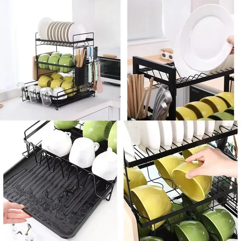 Multifunctional 2 Layer Dish Drying Rack with Drain Board and Cutlery Holder Large Capacity Kitchen Counter Organizer