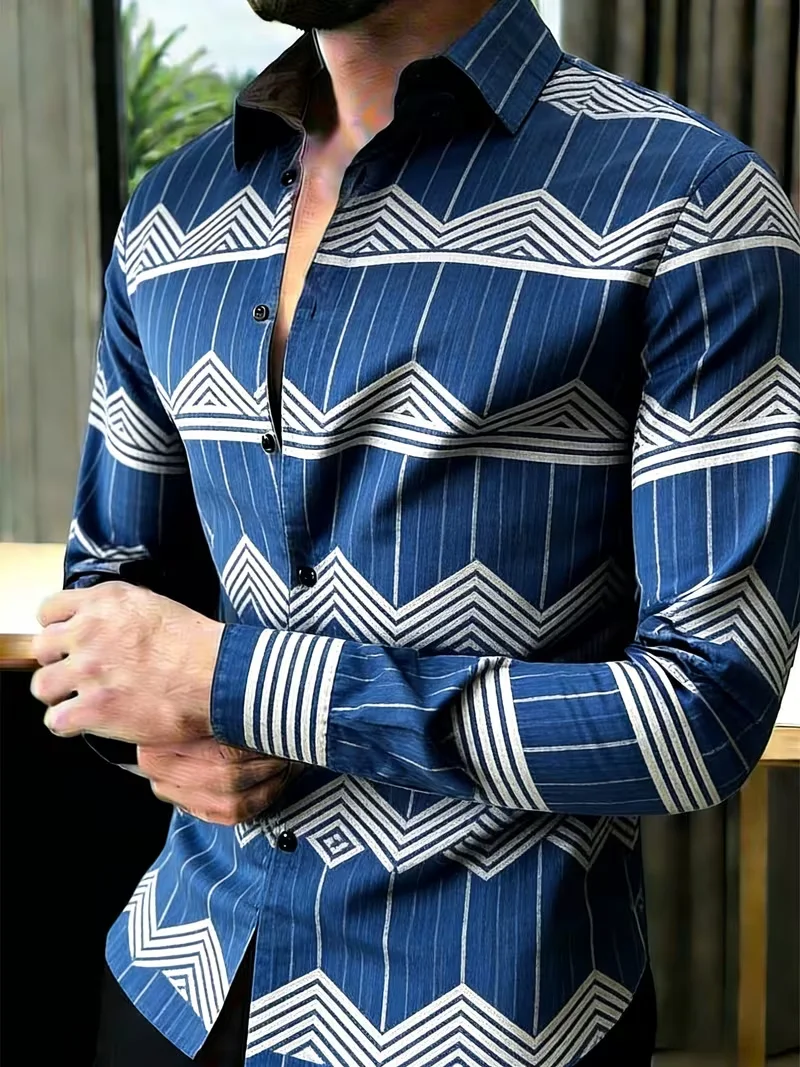 New Spliced Long Sleeved Shirt With Black And White Diamond Shaped Fishbone Totem 3D Printed Slim Fit men's Top