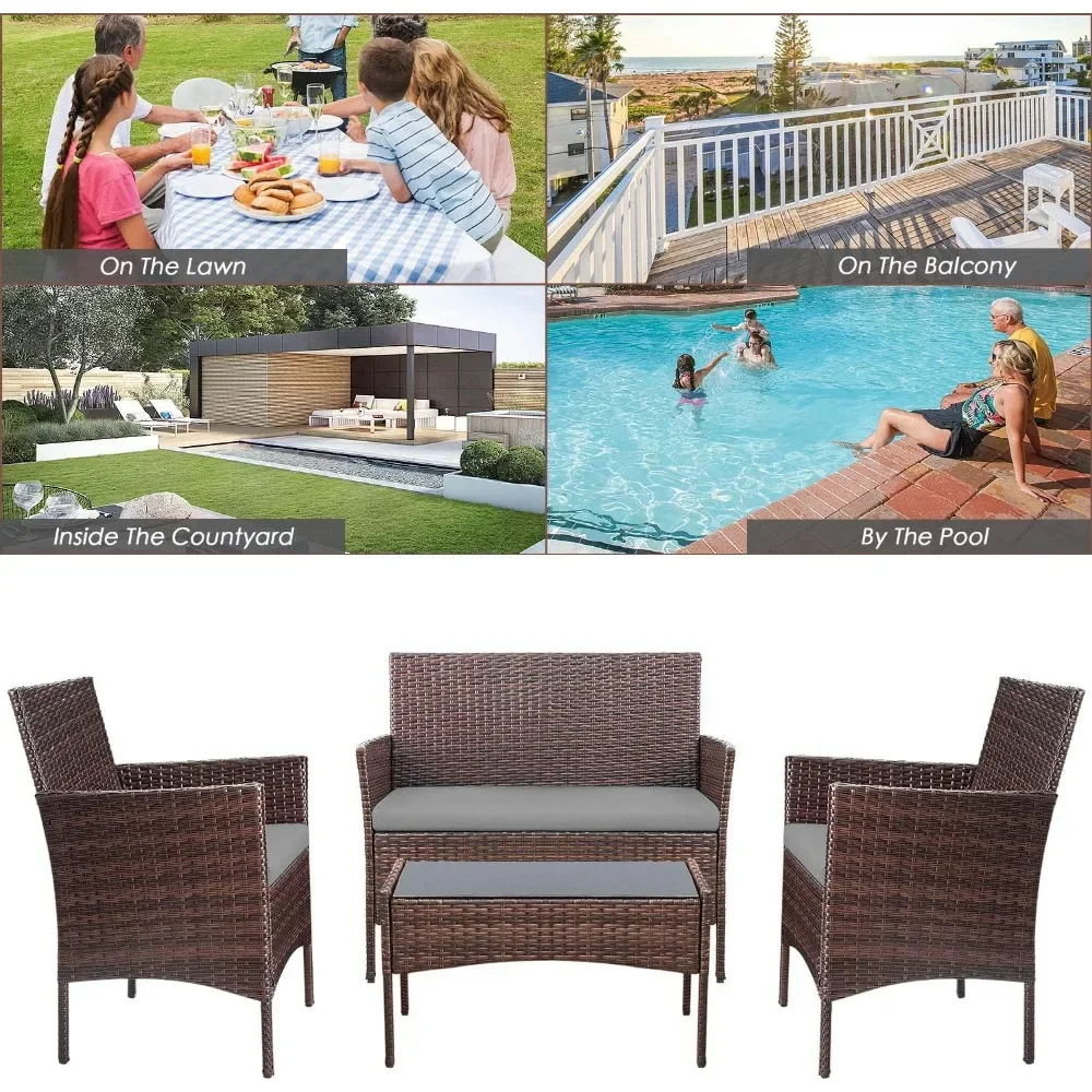 

4 Pieces Patio Rattan Chair Wicker, Tea table with glass tabletop, cushion rattan chair Furniture Sets,Garden Furniture Sets