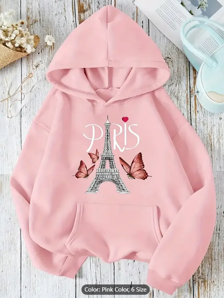 

Womens Pink Hoodie Paris Eiffel Tower Butterfly Graphic Print Casual Oversized Drawstring Hooded Sweatshirt for Travel Lovers