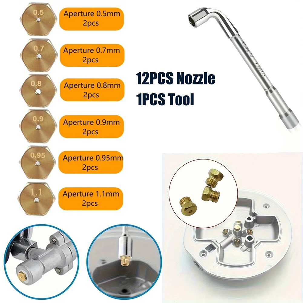 Brass Nozzle Set 12PCS for Gas Stove Conversion Natural Gas G25 Cooktops 0.5/0.7/0.8/0.9/0.95/1.1mm With Sleeve
