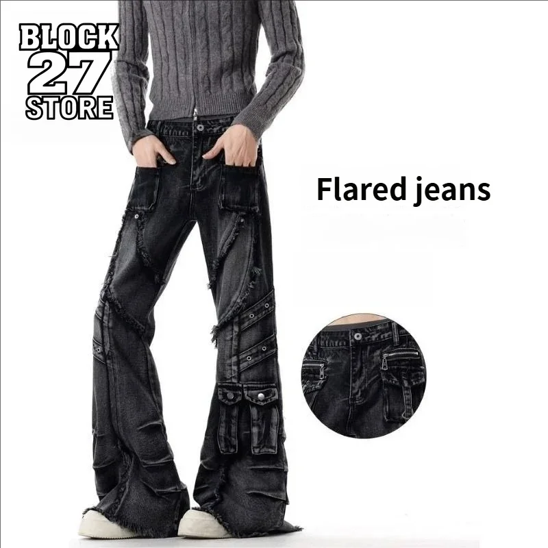 

Mens Jeans Harajuku Subculture Dark Style Slight Flare Denim Pants American Niche Streetwear Loose Straight Fit Casual Fashion