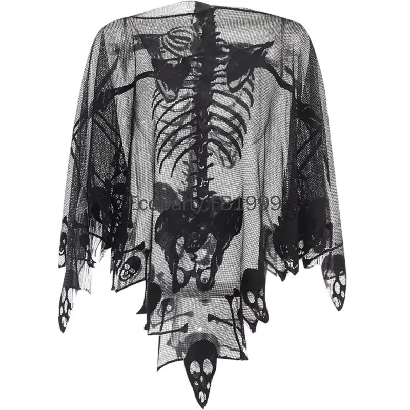 Nieuw Halloween Kostuum Voor Vrouwen Zwart Eng Skelet Kant Mantel Fancy Bat Spiderweb Gothic Sjaal Cape Maskerade Bal Poncho