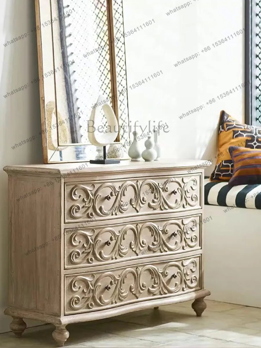 American solid wood carving flower three bucket cabinet French retro drawer storage bedroom living room wall storage cabinet