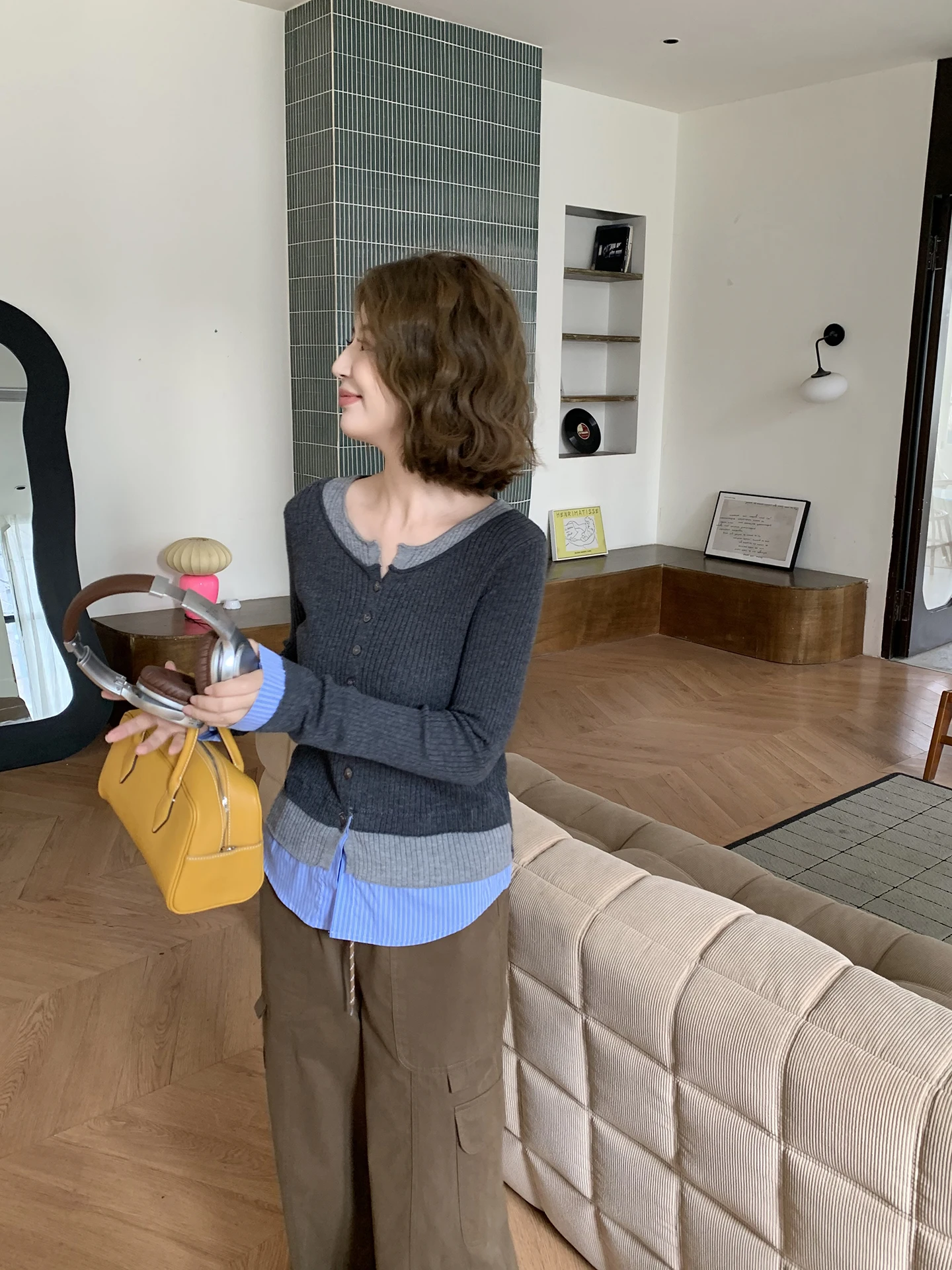 

Вязаный кардиган Xuanxuan с цветными вставками и пуговицами, женский свободный модный свитер с эффектом двухслойности, с длинными рукавами, весенняя верхняя одежда