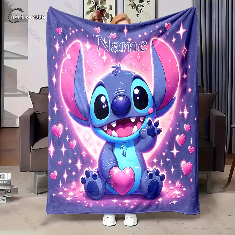 Custom Name Personalized Blanket Disney Stitch Fluffy Soft Flannel Sofa Adult Blanket Office Lunch Break Blanket Kid Gift