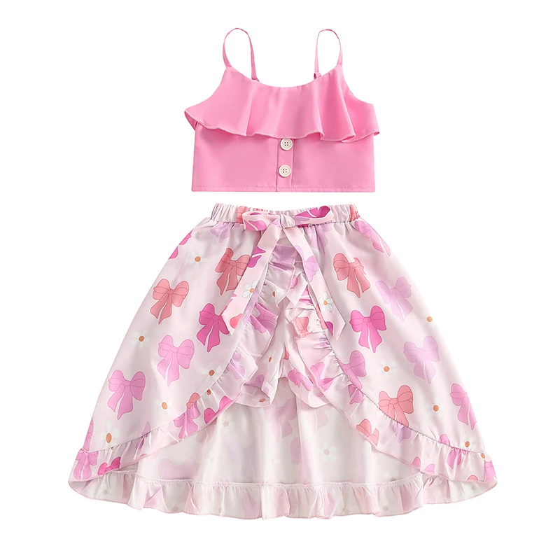 Kids Girl 2 Piece Outfit Sleeveless Camisole and Bow Print High Low Ruffles Skort Set for Toddler Summer Clothes