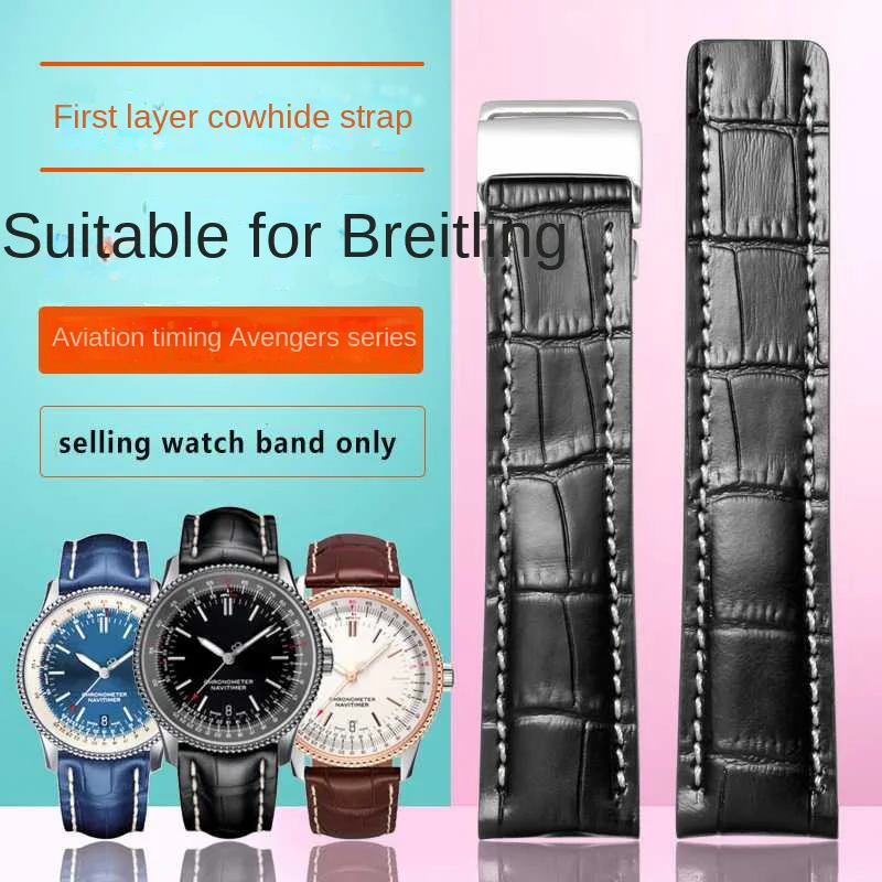 Soft cowhide  Watch Strap Band 22mm 24mm For Breitling Watchband Avenger/navitimer Premier Bracelet Folding Buckle