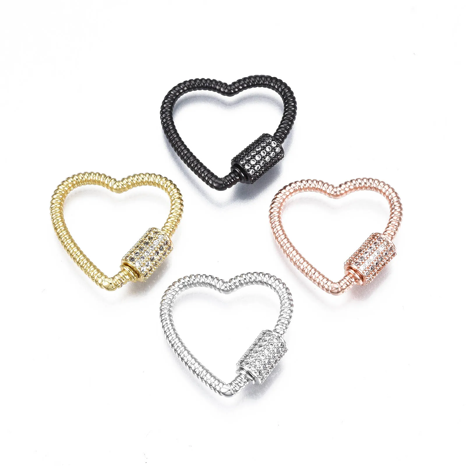 5pcs Heart Brass Micro Pave Clear Cubic Zirconia Screw Carabiner Lock Charms Random Mix Color Connector for DIY Keychain Making