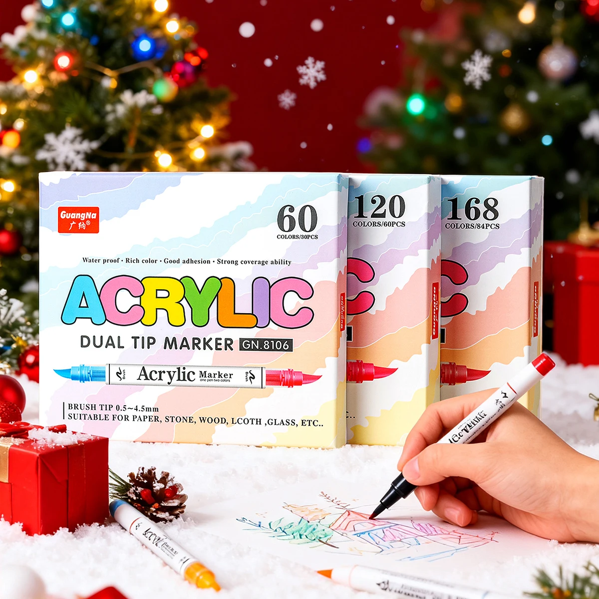 

60/120/168 цветов в коробке, маркеры художника на рождественскую тематику — жидкий акрил с двойным наконечником, подходит для художественной живописи «сделай сам», праздничный рисунок