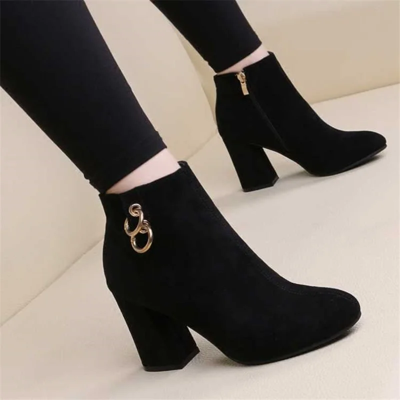 Comemore Retro Plush Warm Autumn Winter Women\'s Boot Vintage Block Heel Ankle Boots Zipper High Heels Women Shoes Big Sizes 43