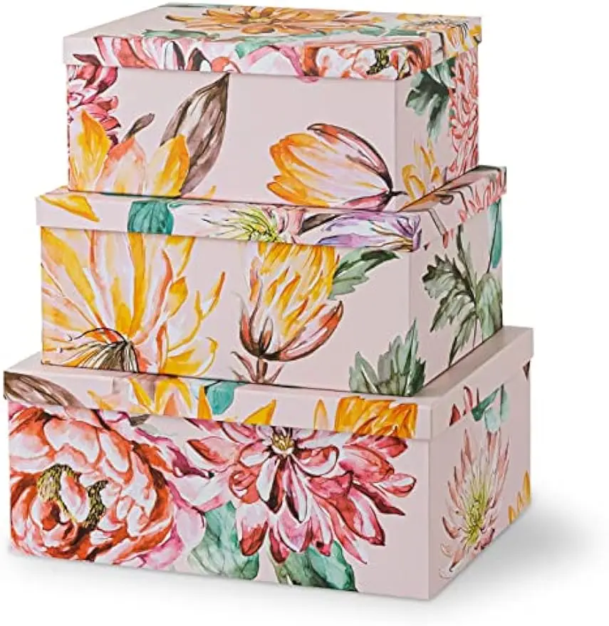 

3-Piece Floral Cardboard Storage Boxes with Lids, Nesting Keepsake Organizers for Home Decor, Photo & Gift Box Set
