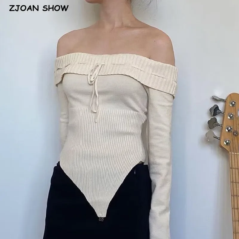 

2023 Sexy Women Off Shoulder Knit Lacing up Bow Slash Collar Sweater Asymmetric Slim Knitwear Full Sleeve Jumper Knitwear Tops