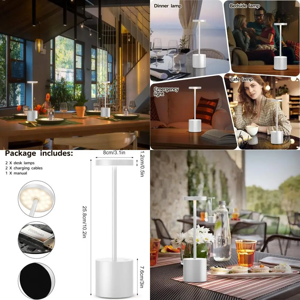 

Портативная перезаряжаемая светодиодная настольная лампа, аккумулятор 5000 мАч, 3-уровневая яркость, металл с питанием от USB, белый 10,25 дюйма (2 шт.)