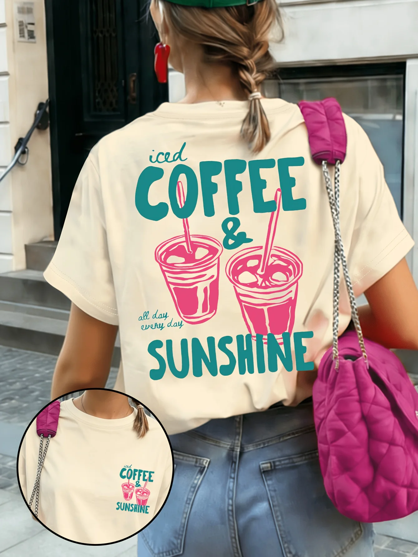 Summer New Iced Coffee & Sunshine Graphic Print Cotton T-shirt For Women Short Sleeve Tees Casual Clothes Oversized Unisex Tops view 4