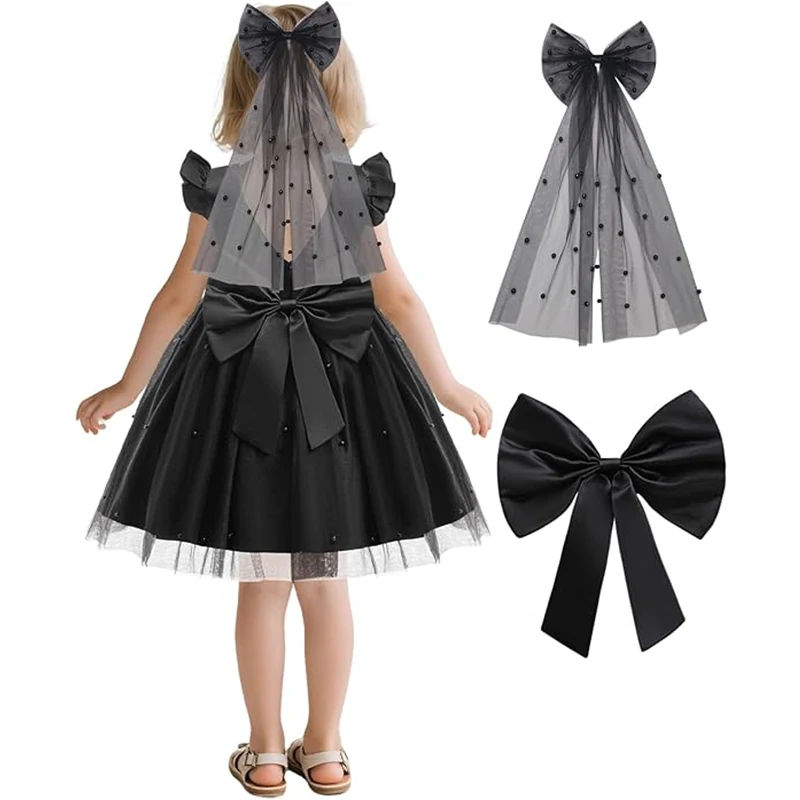

Black Halloween Costume Girl Princess Dress Girl Bowknot Flower Dresses With Headwear Ruffle Tulle Satin Birthday Party Gown
