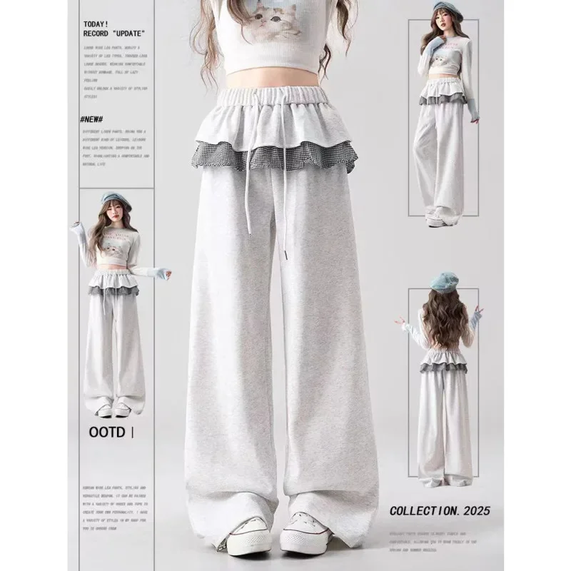 

Plaid Patchwork Wide Leg Pants Women Spring Autumn Lace Korea Y2K Pull Strap Cotton Lace High Waisted Breathable Sweatpants New