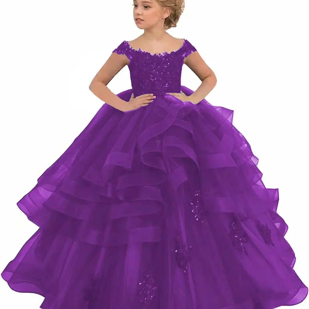 Roxo flor menina vestidos colher pescoço appliqued frisado mangas compridas pageant vestidos plissado em camadas varredura trem aniversário