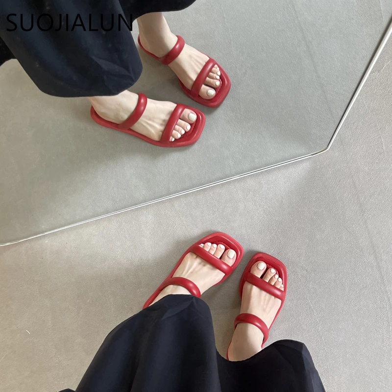 SUOJIALUN Summer Narrow Band Ladies Slipper Fashion Round Low Heel Women Sandal Casual Outdoor Beach Slides Slip On Flip Flip 40