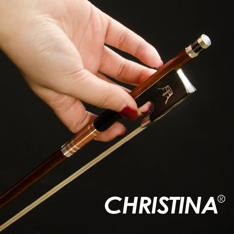 CHRISTINA Professional Premium Pernambuco Violin Bow SG04, Inlaid Abalone Frog Round Stick Orange Silk Thread Silver Winding