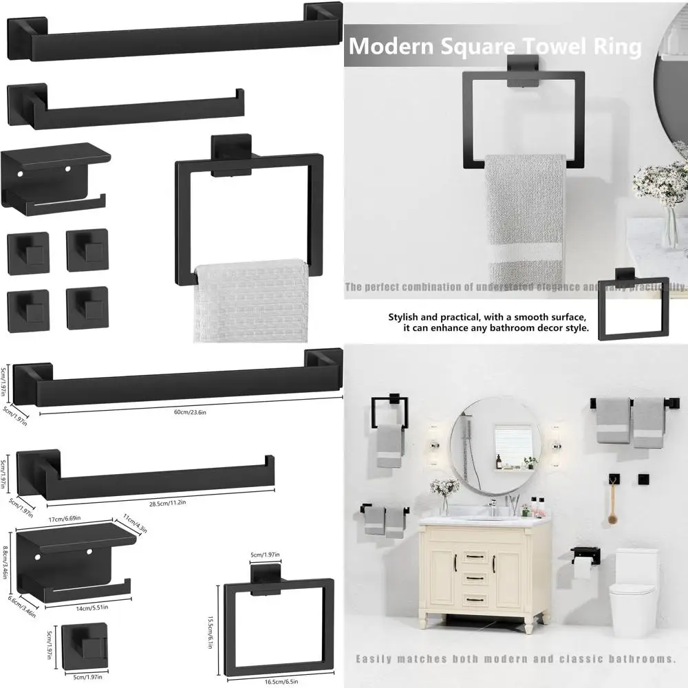 

Contemporary 8-Piece Bathroom Hardware Set with Matte Black Towel Racks, Hooks, and Toilet Paper Holder