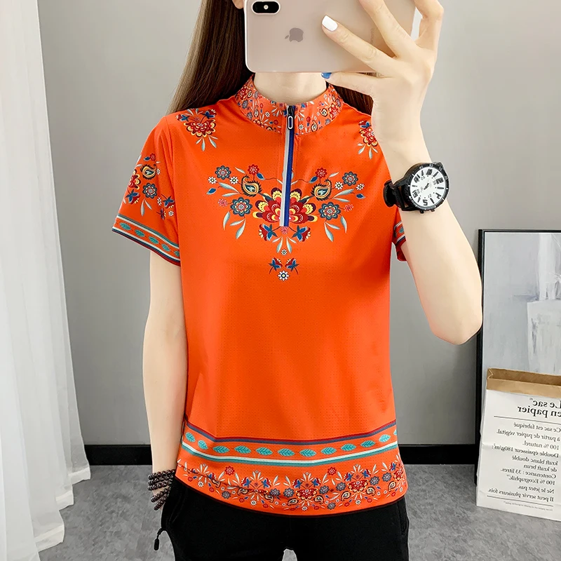 Women's 2023 Summer New Sports Casual Breathable T-Shirt Outdoor Quick Drying Clothes Ethnic Style Print Stand Collar Shirt