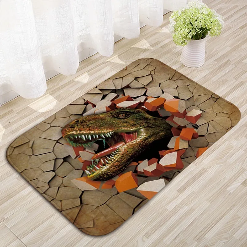 3D Dinosaur Visual Illusion Doormat T-Rex Breaking Cracked Ground Print Non Slip Floor Mat Kids Room Entrance Rug Decor