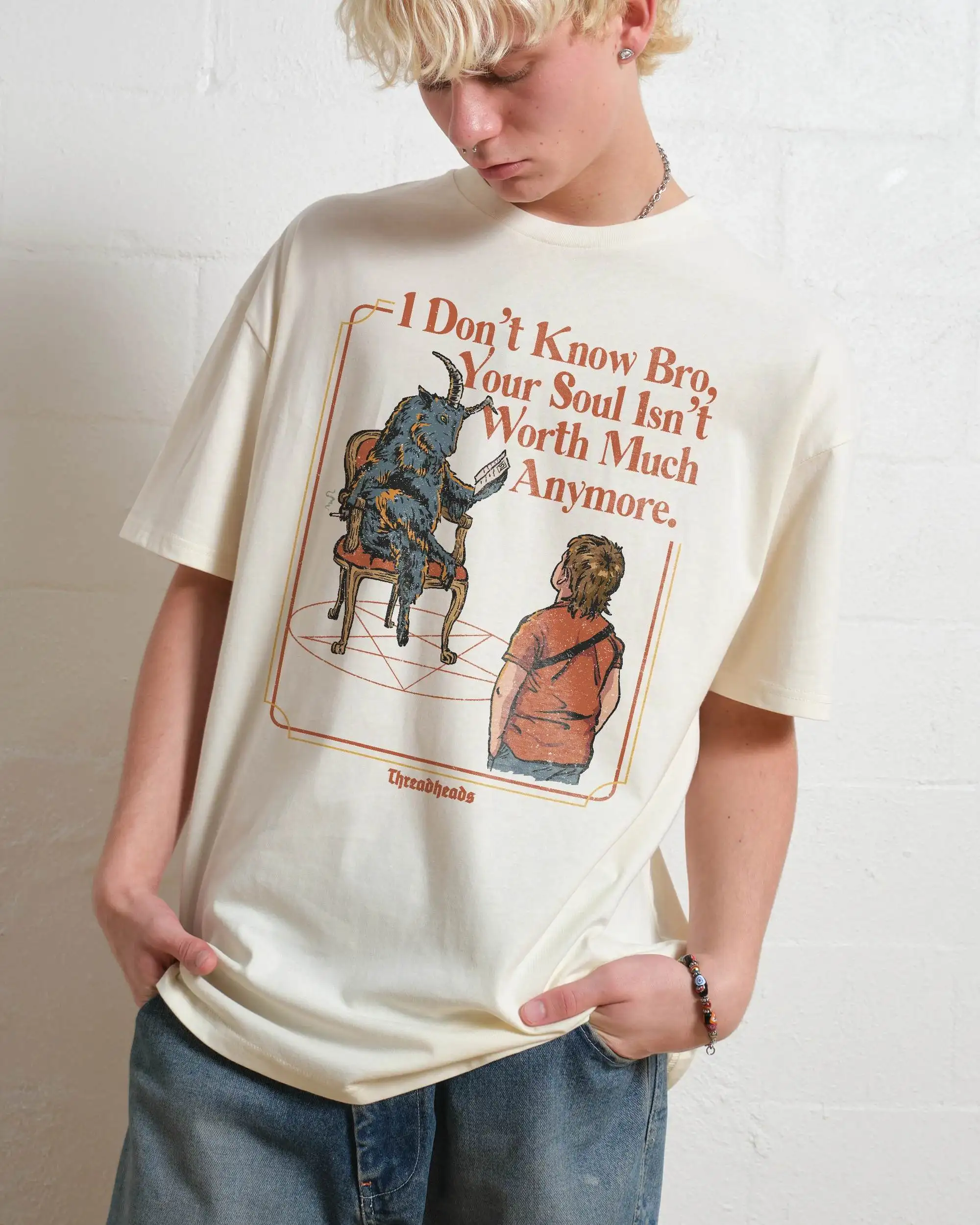 

Dark Humor Soul Worth Cotton T Shirt Goat & Man Design for Trendy Outfits and Edgy Enthusiasts Halloween Tee All Saints' Day