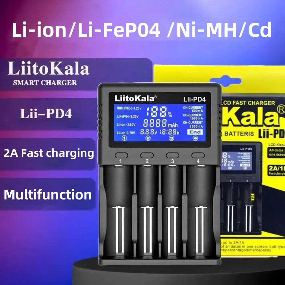 LiitoKala 18650 Battery Charger Lii-PD2  Lii-PD4 2 4 Slots AC 110V 220V For 18650 Charging 3.7V Rechargeable