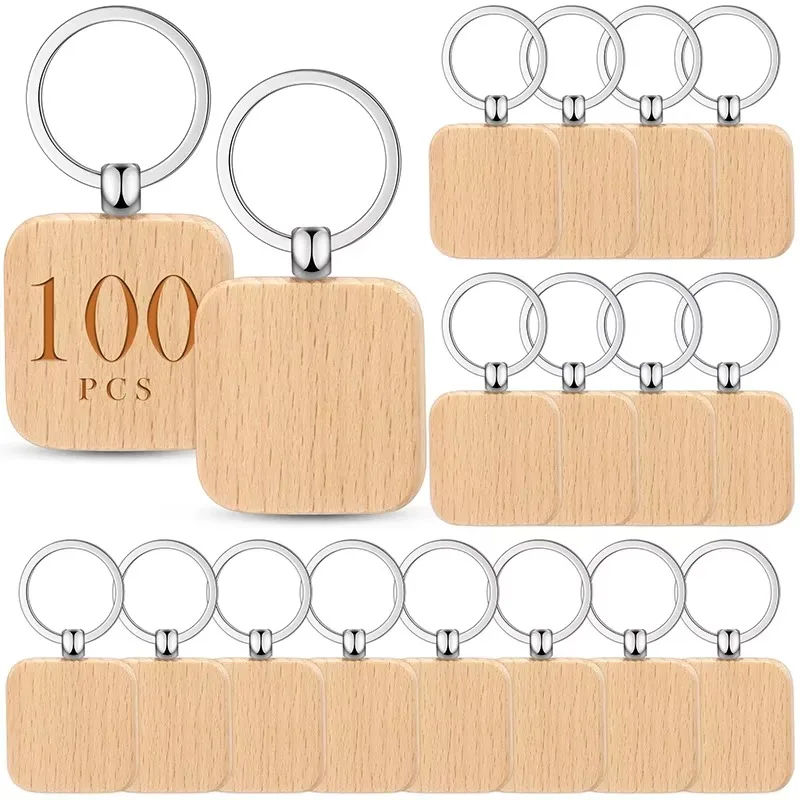 100Pcs Wood Blanks Keychain Dog Tag ID Name Blanks Wood Key Chain Square Wooden Keychains DIY Gift Craft Personalized Supplies