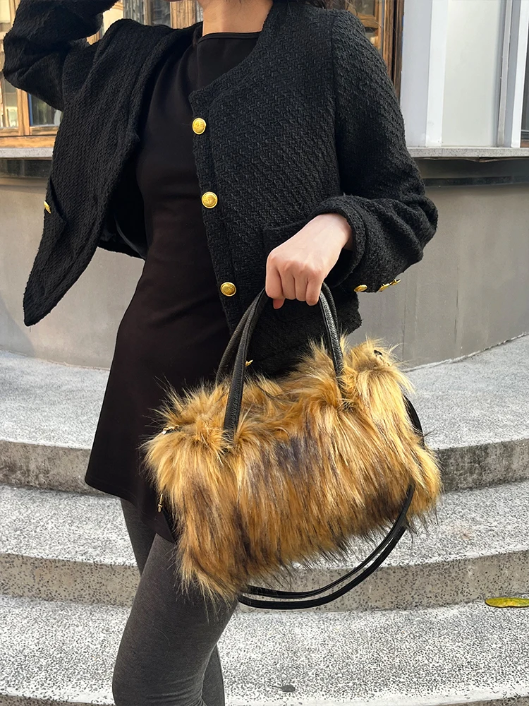 

Сводная коричневая меховая сумка через плечо, большая сумка Capaci, мягкая сумка через плечо, женская повседневная сумка на молнии, мягкая кожа...