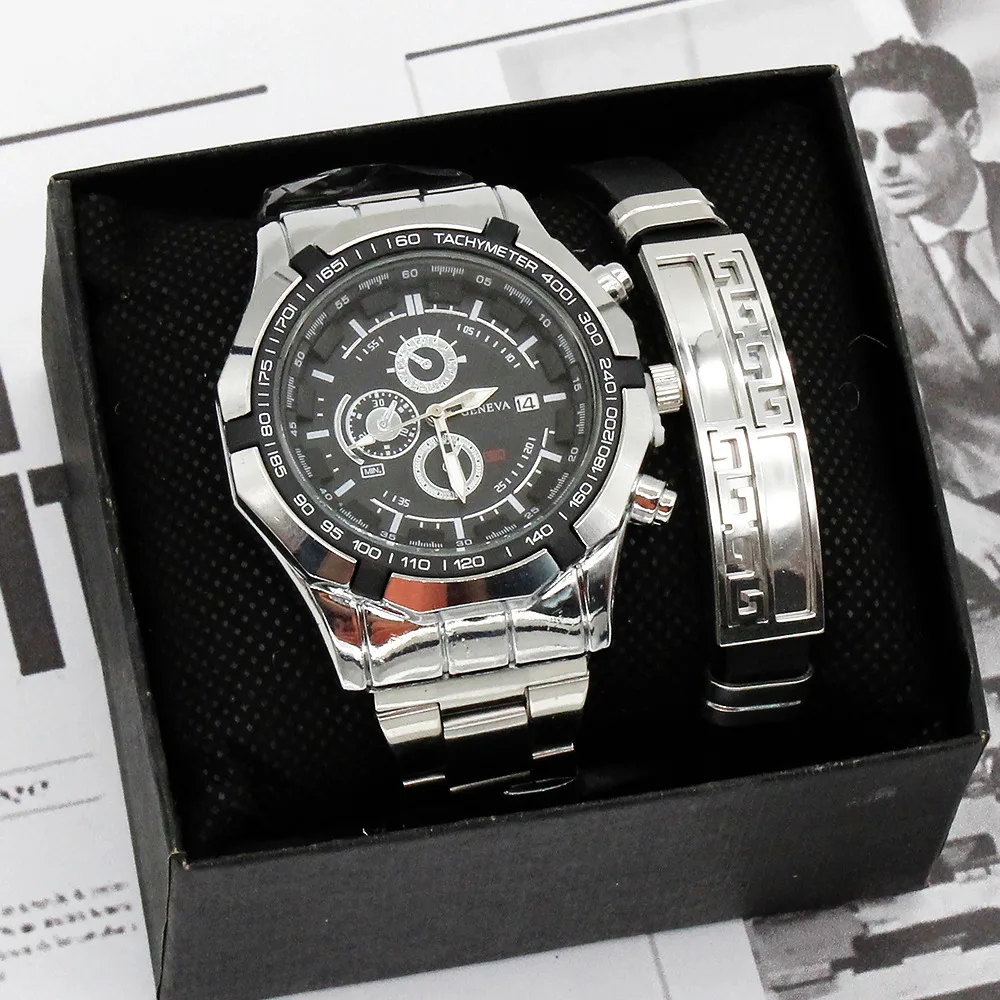 

2pcs Men's steel band set watch fashion three eyes calendar men's watch 3pcs quartz waterproof watch