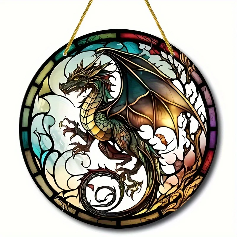 1PC Dragon Suncatcher Wall Sign Round Dyed Acrylic Wall Art Hanging Plaque Pendant For Festival Window Yard Gardene Room Decor