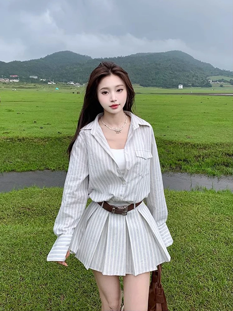 Abito camicia a righe da donna Gonna a trapezio a vita alta Manica lunga Manica coreana Design da pendolarismo Avvolgente in garza dimagrante Primavera