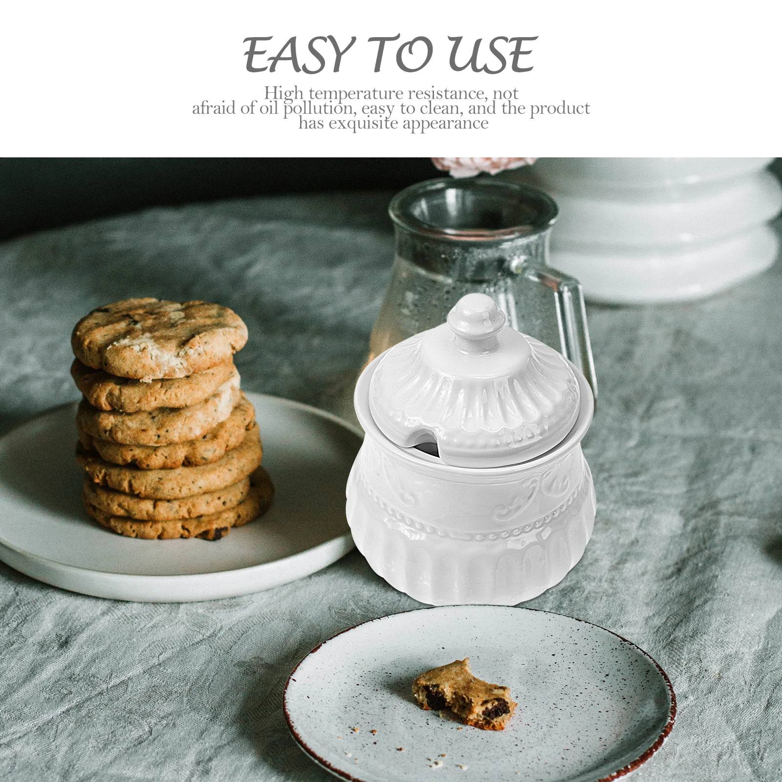 

Embossed Ceramic Sugar Cube Jar Food Grade Large Mouth Multipurpose Candy Storage Container Coffee Shop Sugar Holder