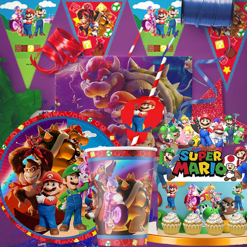 

Super Mario Bros Party Paper Plates Cups Banner Tablecloth Disposable Tableware Set For Kids Birthday Decoration Party Supplies