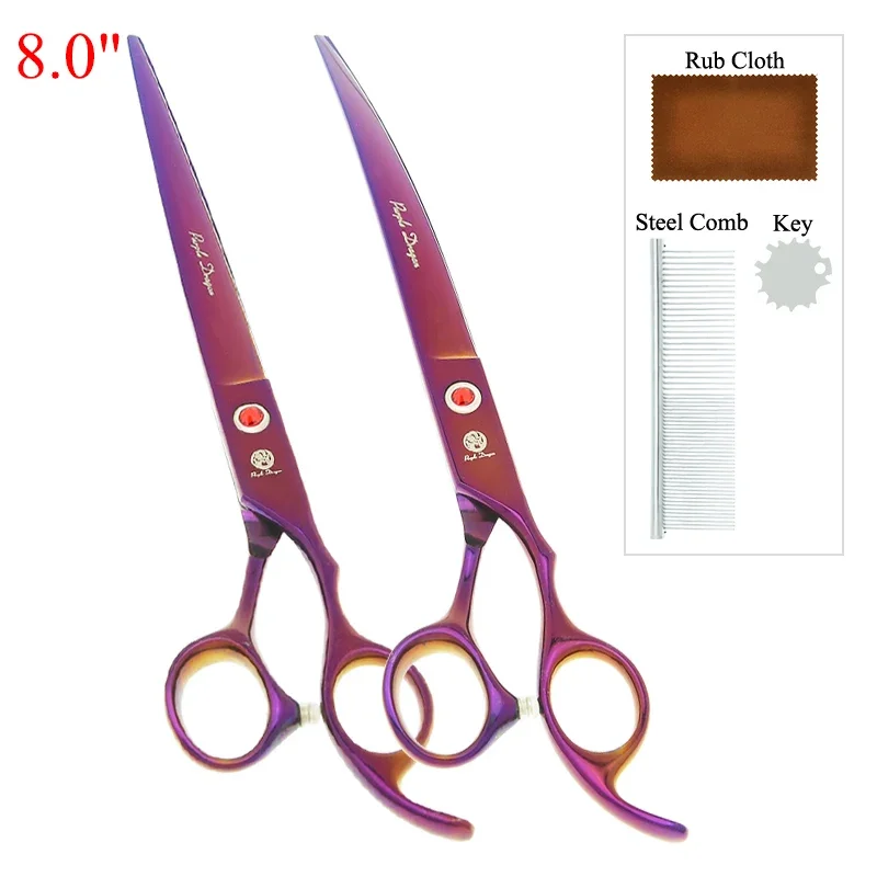 8 inch Purple Dragon Dog Cat Grooming Scissors Japan Steel Pet Hair Shears Set Straight Curved Cutting Thinning Scissors B0046B