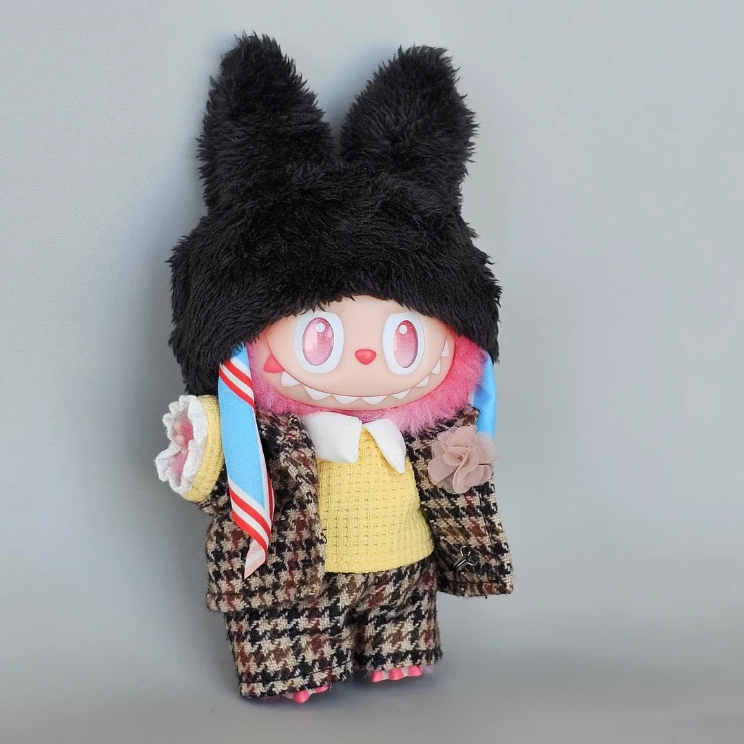 

For Labubu Accessories Gd Power Mv Checkered Outfit Designer Clothes Figures Trendy Costume Compatible Blind Box Doll 15-17cm