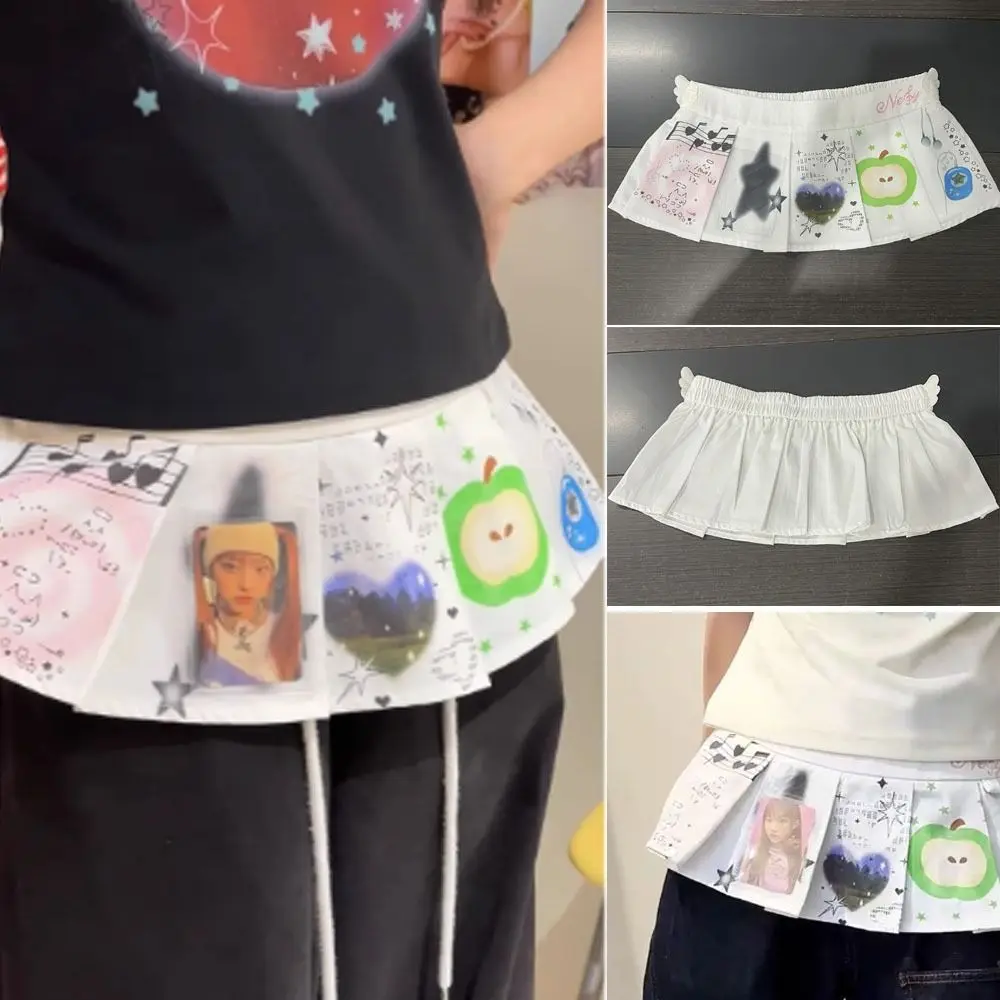 Jeans Pants Decor Casual Cartoon Mini Skirt Y2K Streetwear Harajuku Ruched Skirts High Waist Lace-up Design Pleated Skirts