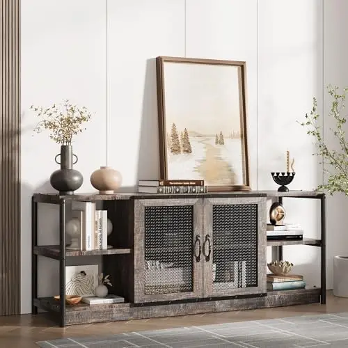Farmhouse TV Stand for 65/75 inches TVs, Industrial Entertainment Center with 2 Mesh Doors and Storage Cabinet, Rustic