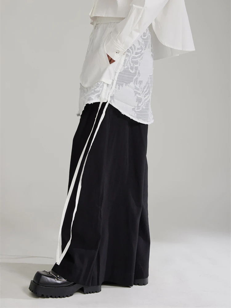 [EAM] High Elastic Waist Black Lace Color-block Long Wide Leg Pants New Trousers Women Fashion Tide Spring Autumn 2024 1DH7981