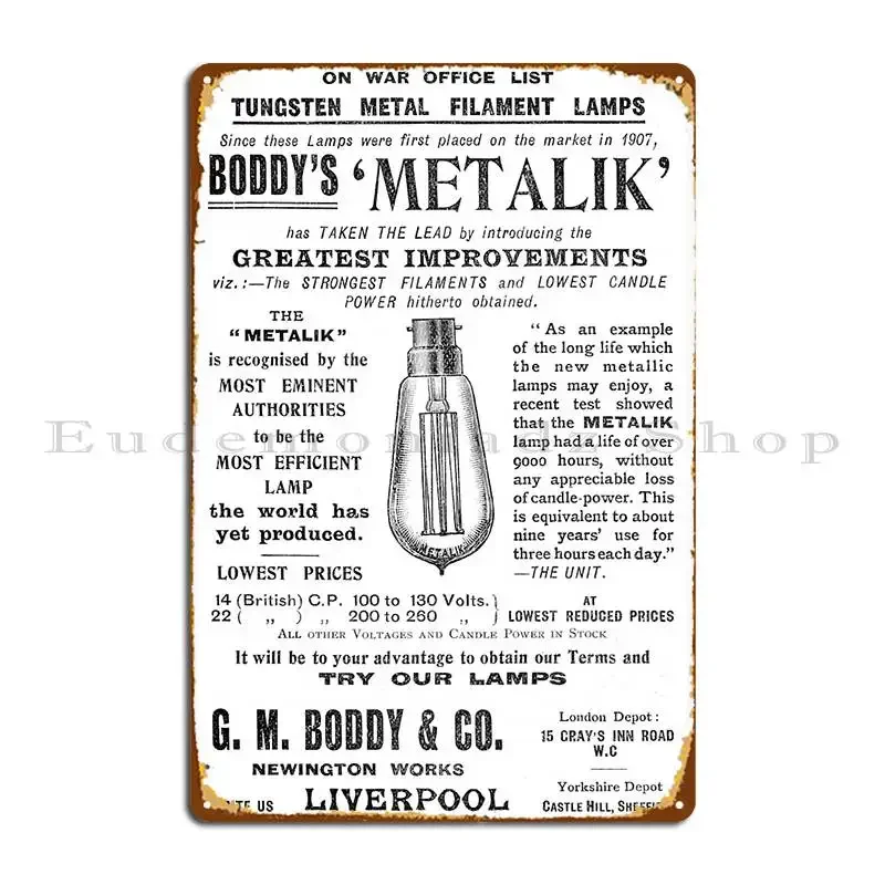 G M Boddy And Co Metalink Light Bulbs 1910 Vintage Advert Metal Plaque Character Classic Party Plates Create Tin Sign Poster
