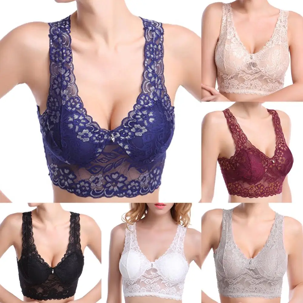 Large Size Women Lace Bras Hollow Out Lace Bralette Sexy Underwear Vest Wireless Lingerie Breathable Seamless Push-Up Bra