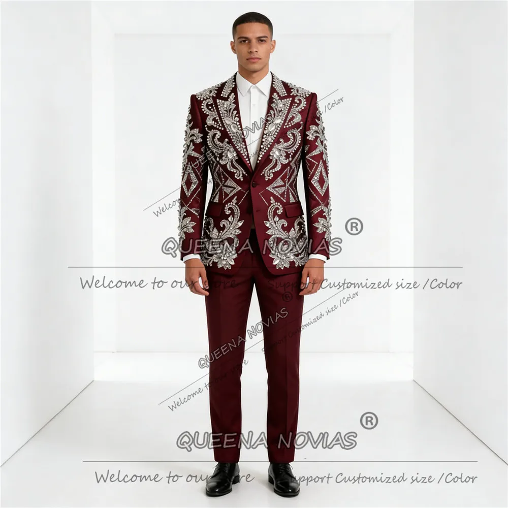 

Exclusive Beaded Stones Men Suit Attire Single Breasted Prom Blazer For Wedding Customized 3 Piece Groom Tuxedos Terno Masculino