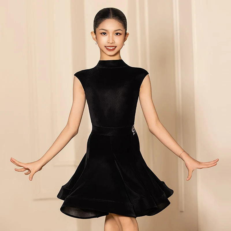 

2025 Black Latin Dance Competition Girls Professional Performance Dance Clothes Kids Cha Cha Rumba Dance Practice Dress BL15601